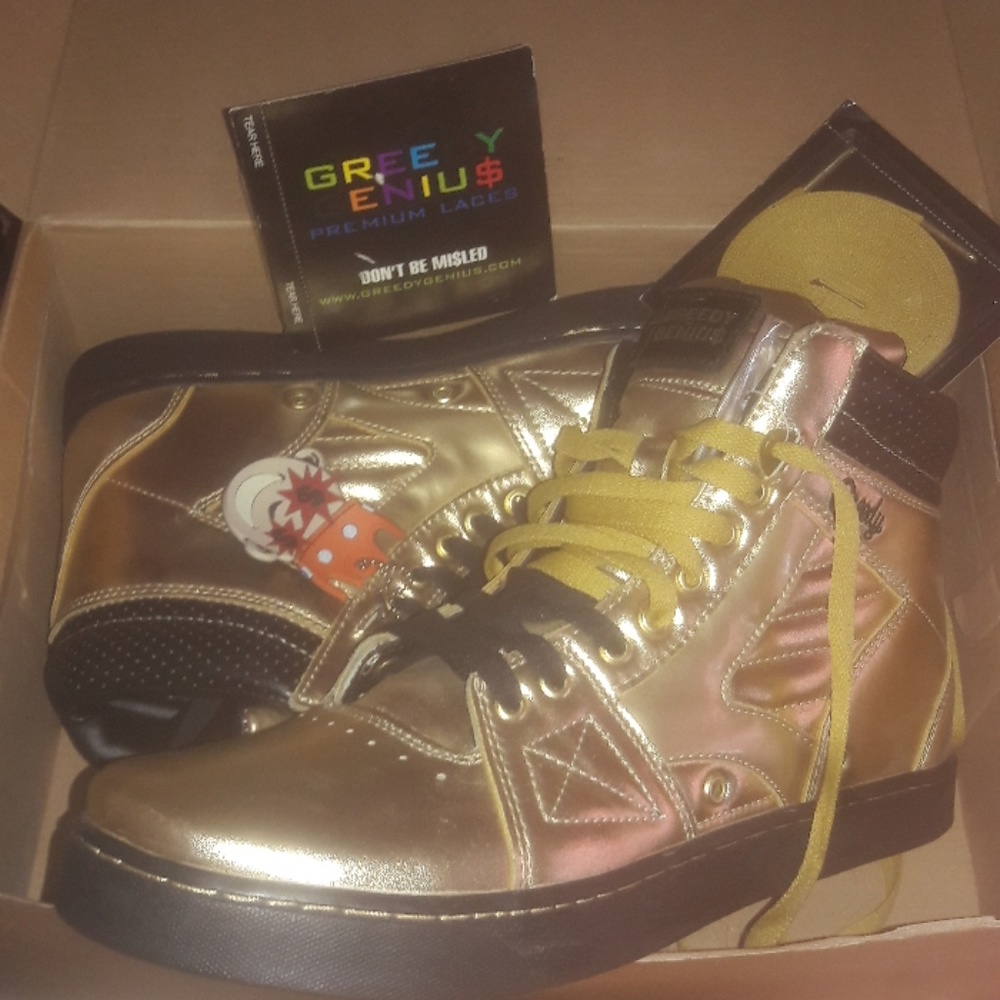 GREEDY GENIUS GOLD AND BLACK SNEAKERS BRAND NEW